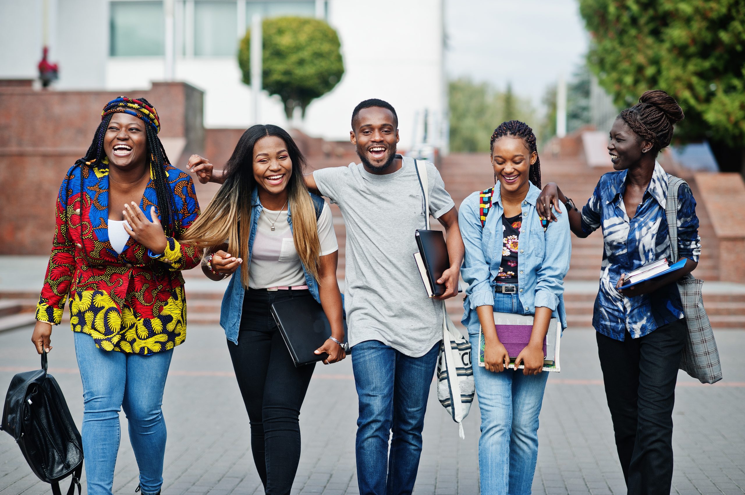 group five african college students spending time together campus university yard black afro friends studying education theme scaled 1